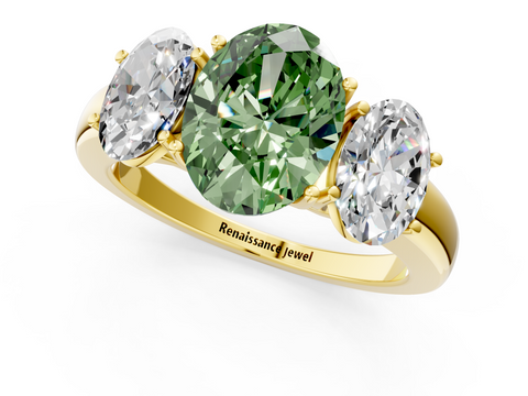 Yellow gold Three-Stone Fancy Green Oval  Cut Diamond Ring with Channel-Set Band and Four-Prong Setting_45