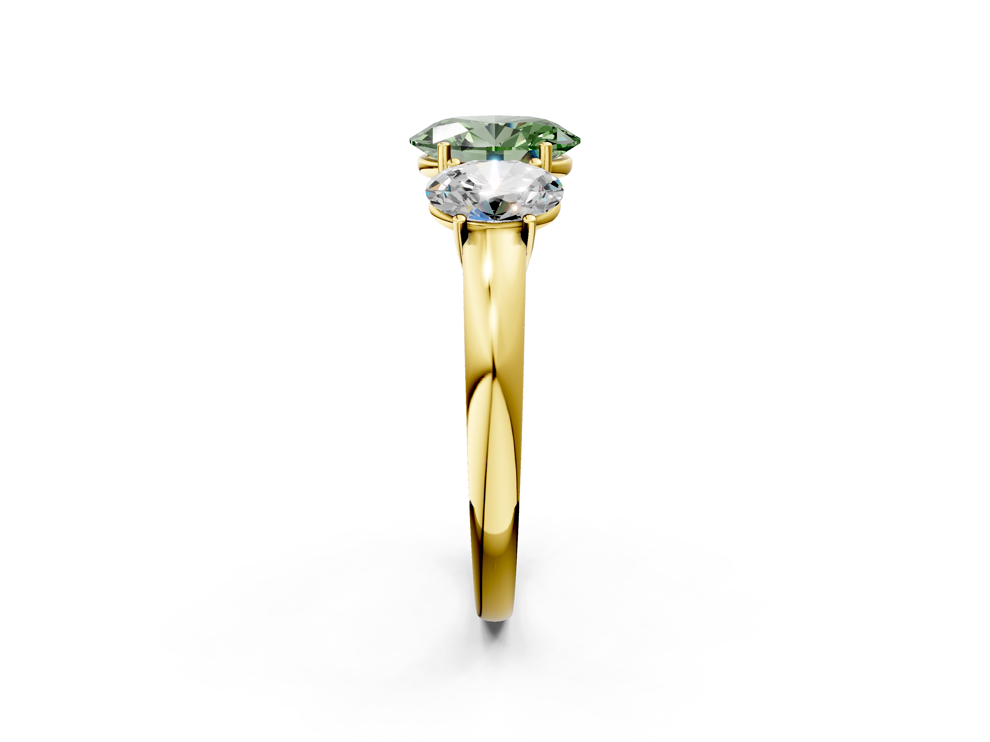 Yellow gold Three-Stone Fancy Green Oval  Cut Diamond Ring with Channel-Set Band and Four-Prong Setting_46