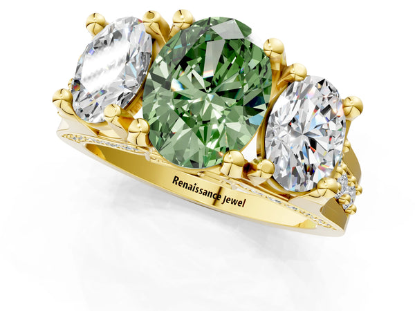 Yellow gold Fancy Green Oval Cut Diamond Three-Stone Ring with Channel Set Band and Four-Prong Setting