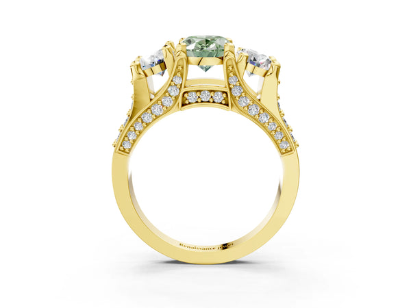Yellow gold Fancy Green Oval Cut Diamond Three-Stone Ring with Channel Set Band and Four-Prong Setting
