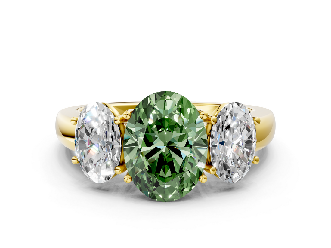 Yellow gold Three-Stone Fancy Green Oval  Cut Diamond Ring with Channel-Set Band and Four-Prong Setting_61