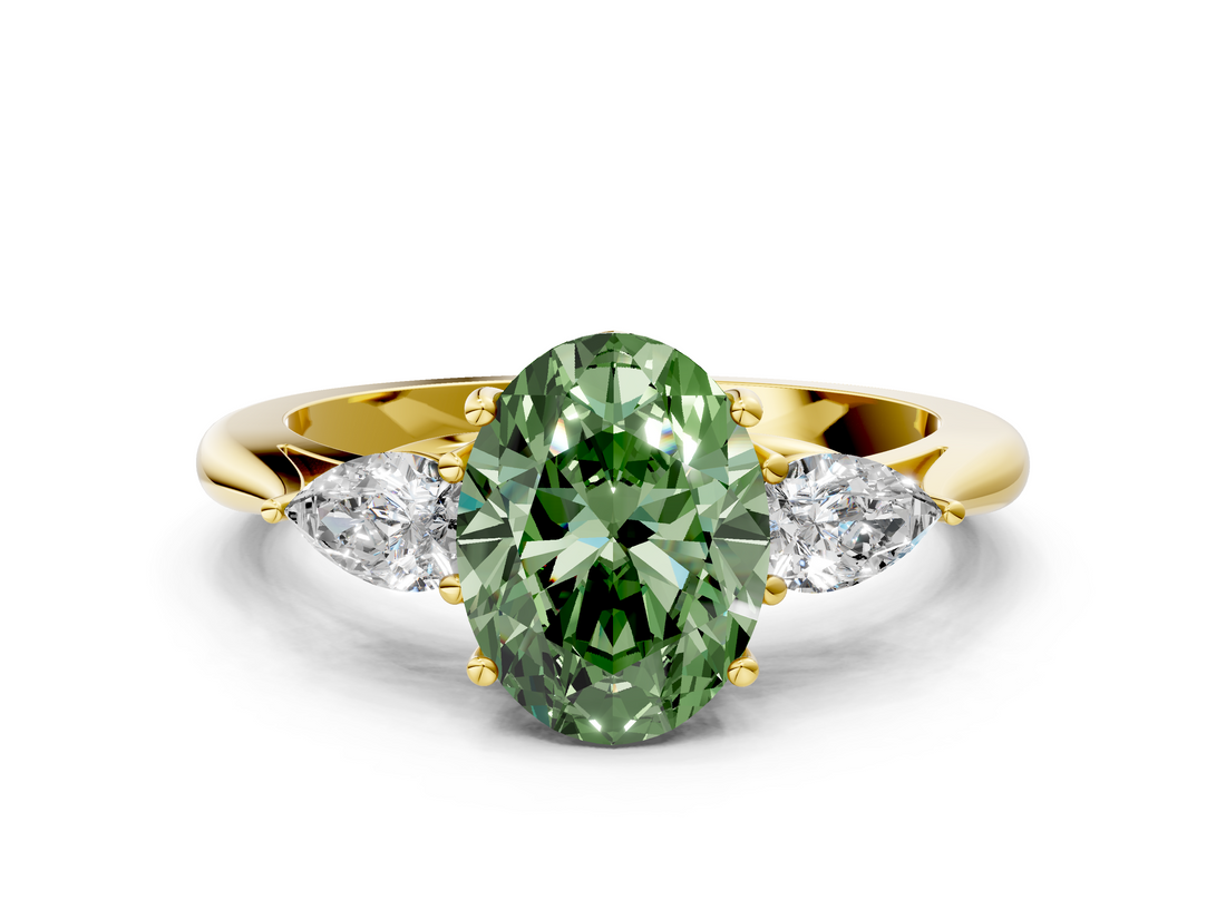 Yellow gold Three-Stone Fancy Green Oval  Cut Diamond Ring with Pear Side Stones in Four-Prong Setting_109