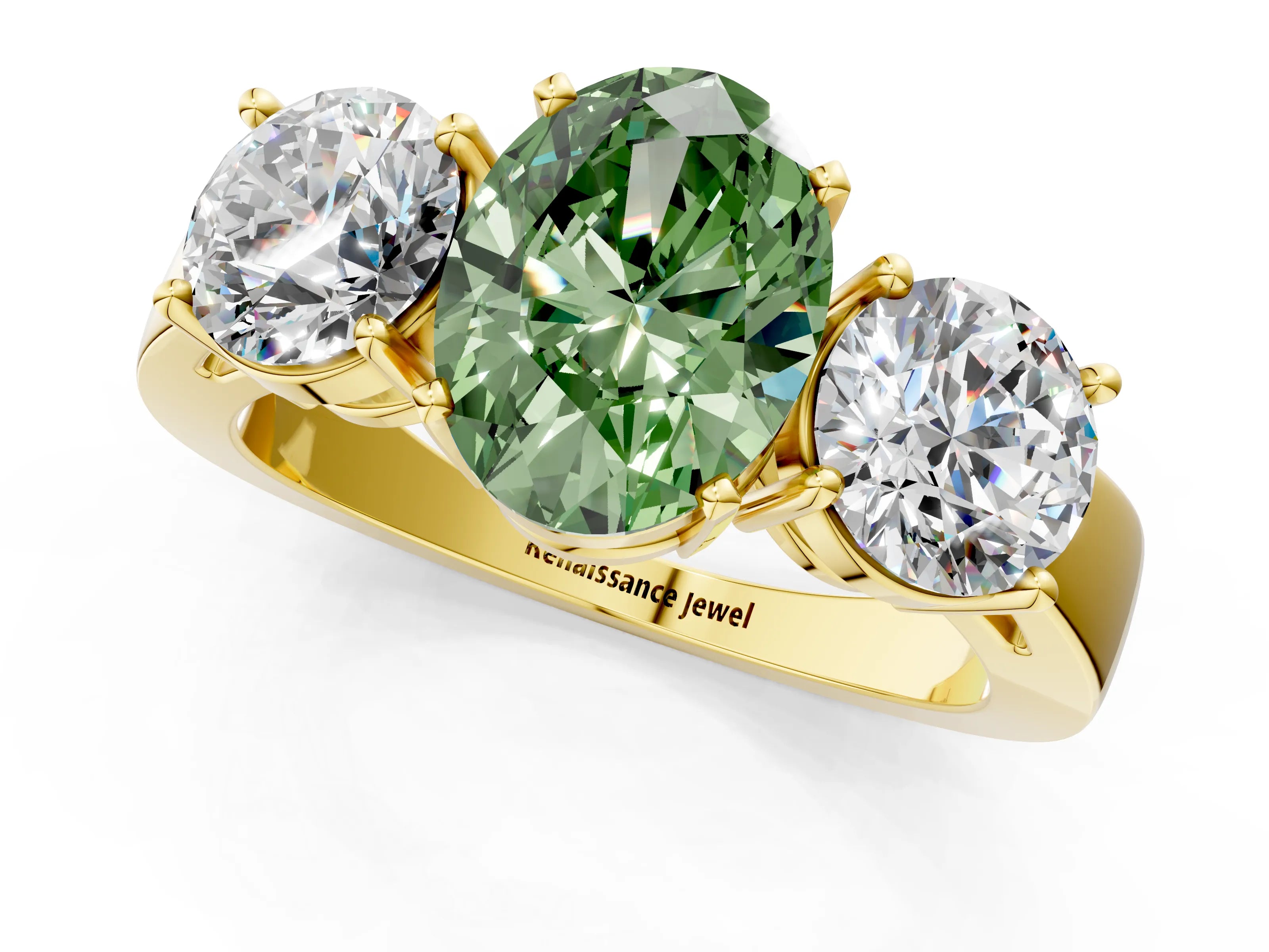 Yellow gold Three-Stone Fancy Green Oval Cut Diamond Ring with Round Side Stones, Classic Band, and Four-Prong Setting_1