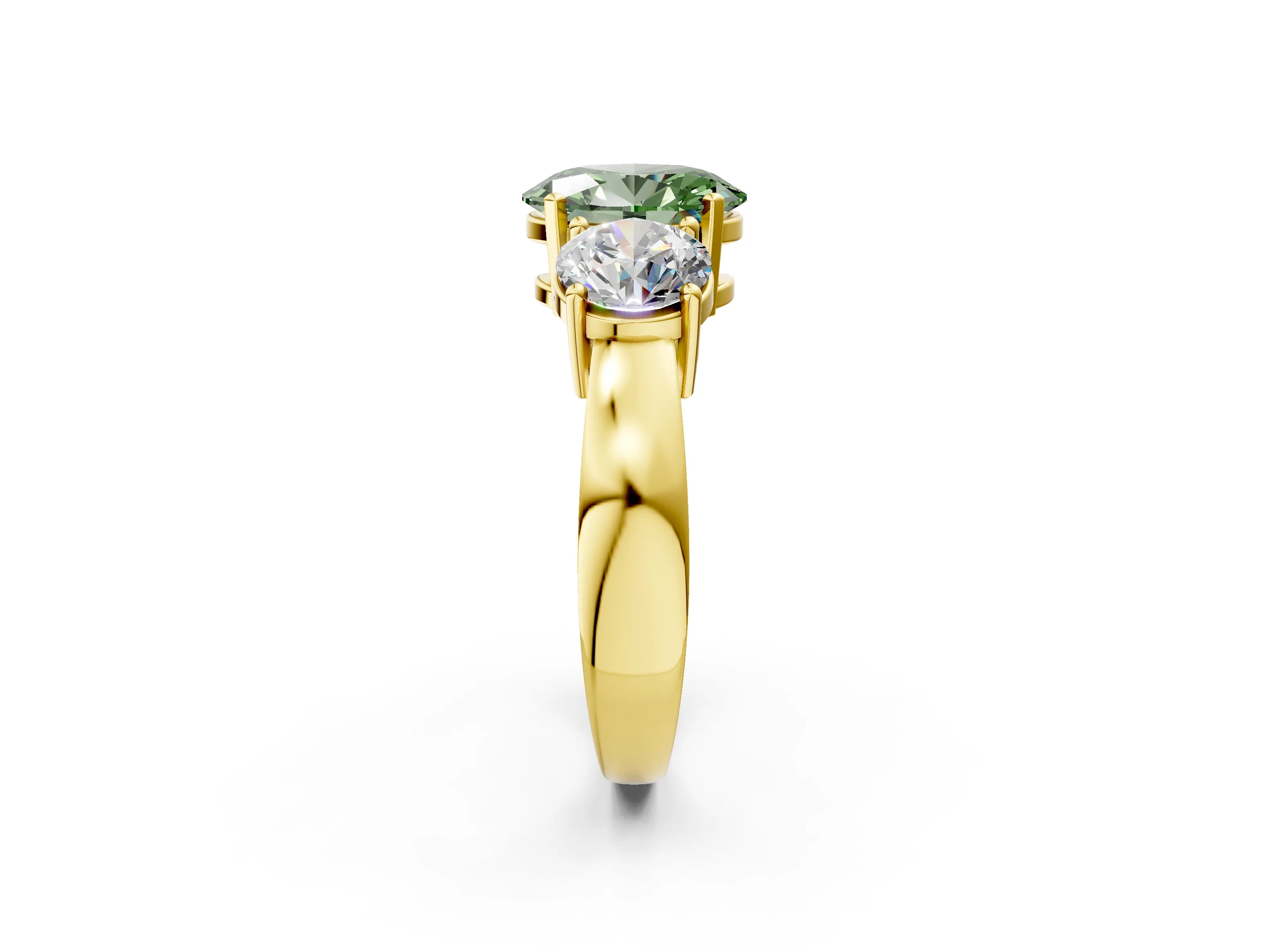 Yellow gold Three-Stone Fancy Green Oval Cut Diamond Ring with Round Side Stones, Classic Band, and Four-Prong Setting_2