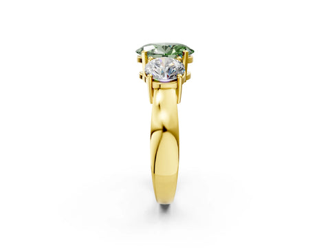 Yellow gold Three-Stone Fancy Green Oval Cut Diamond Ring with Round Side Stones, Classic Band, and Four-Prong Setting_2