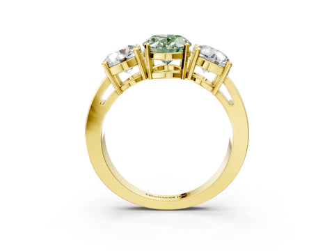 Yellow gold Three-Stone Fancy Green Oval Cut Diamond Ring with Round Side Stones, Classic Band, and Four-Prong Setting_3