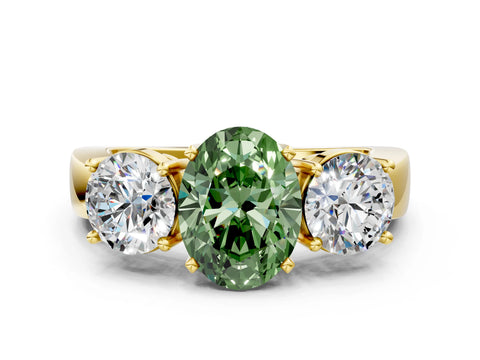 Yellow gold Three-Stone Fancy Green Oval Cut Diamond Ring with Round Side Stones, Classic Band, and Four-Prong Setting
