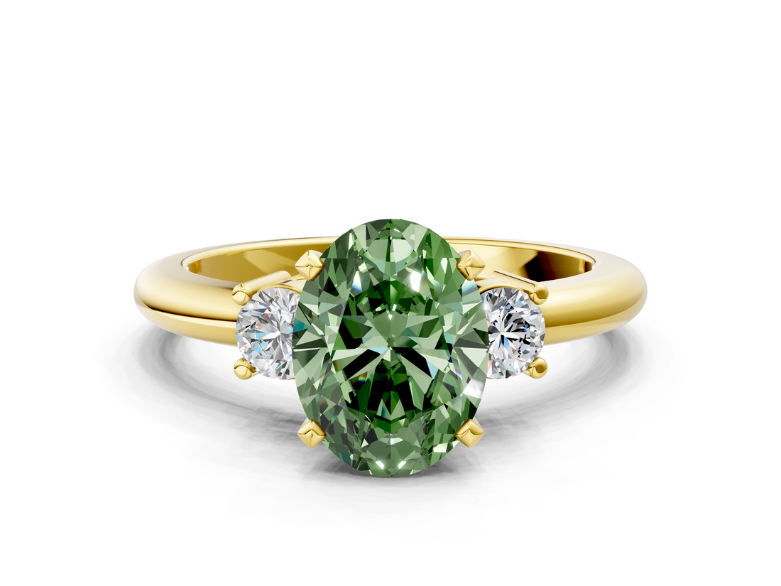Yellow gold Three-Stone Fancy Green Oval  Cut Diamond Solitaire with Prong Setting and Classic Band_46