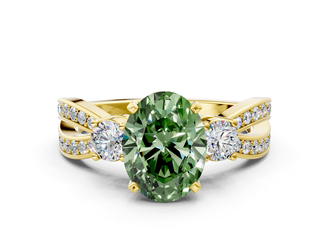 Yellow gold Three-Stone Fancy Green Oval  Cut Diamond Twist Band with Prong Setting_52