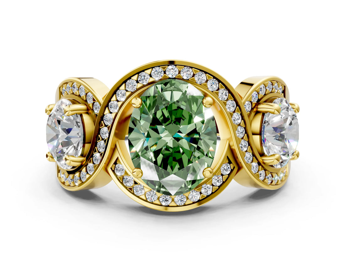 Yellow gold Three-Stone Fancy Green Oval Cut Diamond Wave Pave Band with Prong Setting