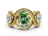 Yellow gold Three-Stone Fancy Green Oval Cut Diamond Wave Pave Band with Prong Setting
