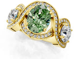 Yellow gold Three-Stone Fancy Green Oval Cut Diamond Wave Pave Band with Prong Setting_1