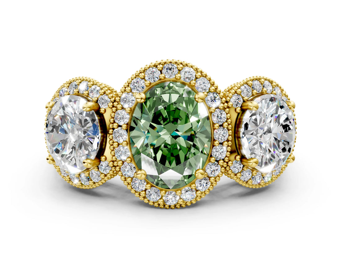 Yellow gold Three-Stone Fancy Green Oval Cut Halo Diamond Milgrain Band with Four-Prong Setting