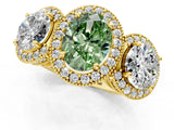 Yellow gold Three-Stone Fancy Green Oval Cut Halo Diamond Milgrain Band with Four-Prong Setting_1