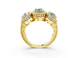 Yellow gold Three-Stone Fancy Green Oval Cut Halo Diamond Milgrain Band with Four-Prong Setting_3