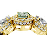 Yellow gold Three-Stone Fancy Green Oval Cut Halo Diamond Milgrain Band with Four-Prong Setting_4
