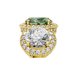 Yellow gold Three-Stone Fancy Green Oval Cut Halo Diamond Milgrain Band with Four-Prong Setting_5
