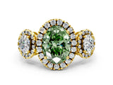 Yellow gold Three-Stone Fancy Green Oval Cut Halo Diamond Ring with Pave Band and Four-Prong Setting