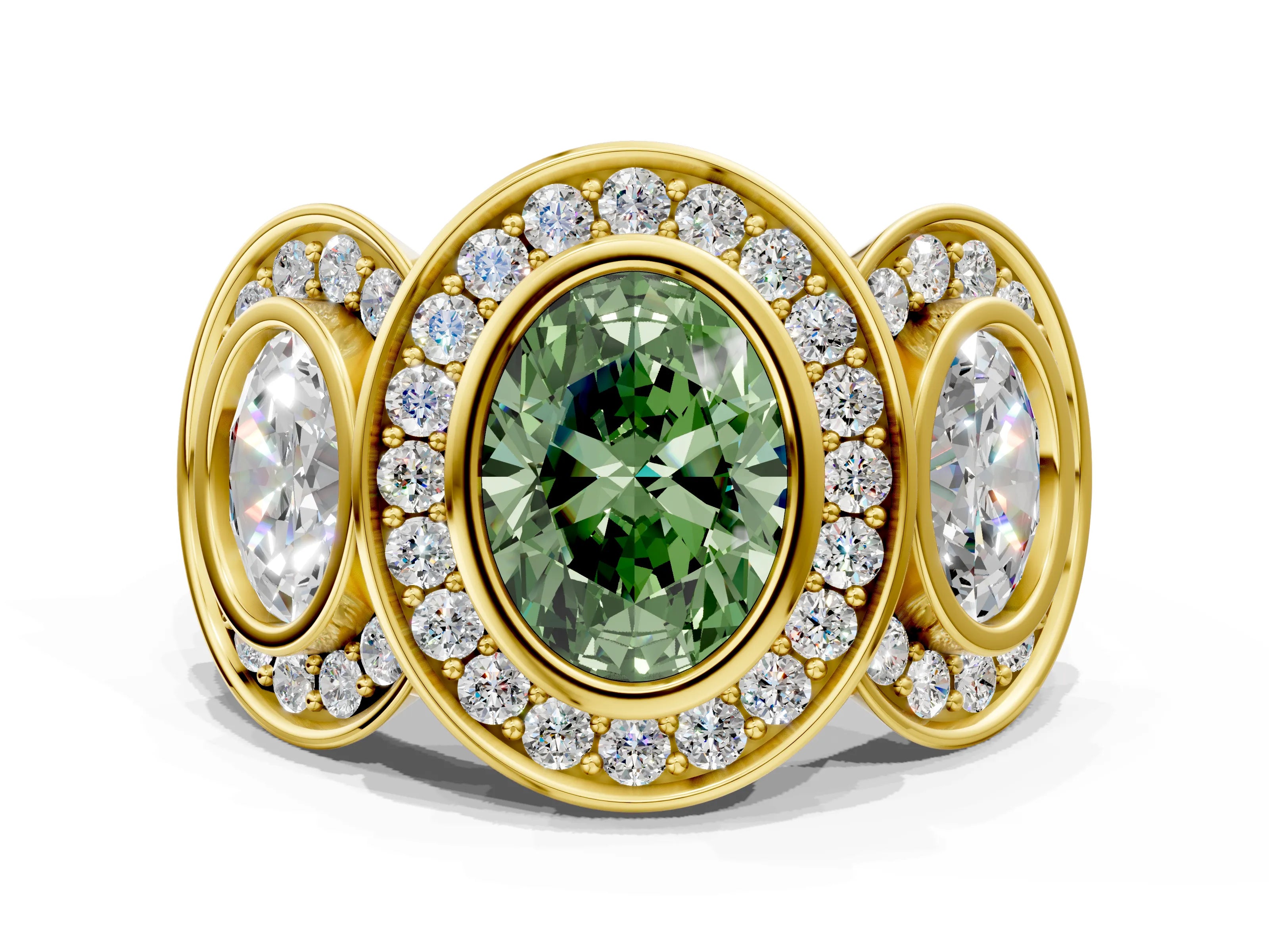 Yellow gold Three-Stone Fancy Green Oval Cut Halo Pavé Diamond Ring