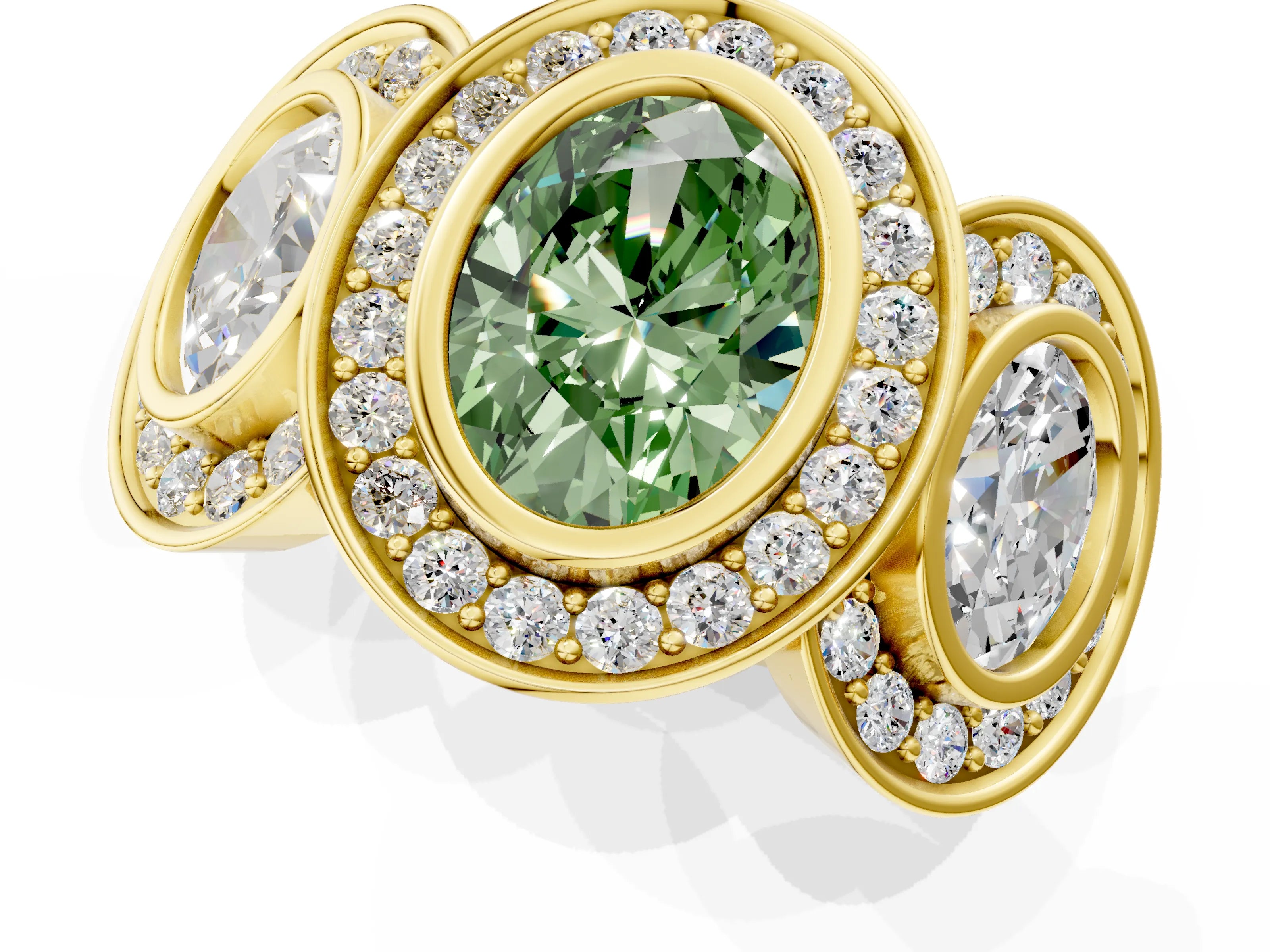 Yellow gold Three-Stone Fancy Green Oval Cut Halo Pavé Diamond Ring_1