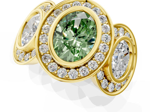 Yellow gold Three-Stone Fancy Green Oval Cut Halo Pavé Diamond Ring_1