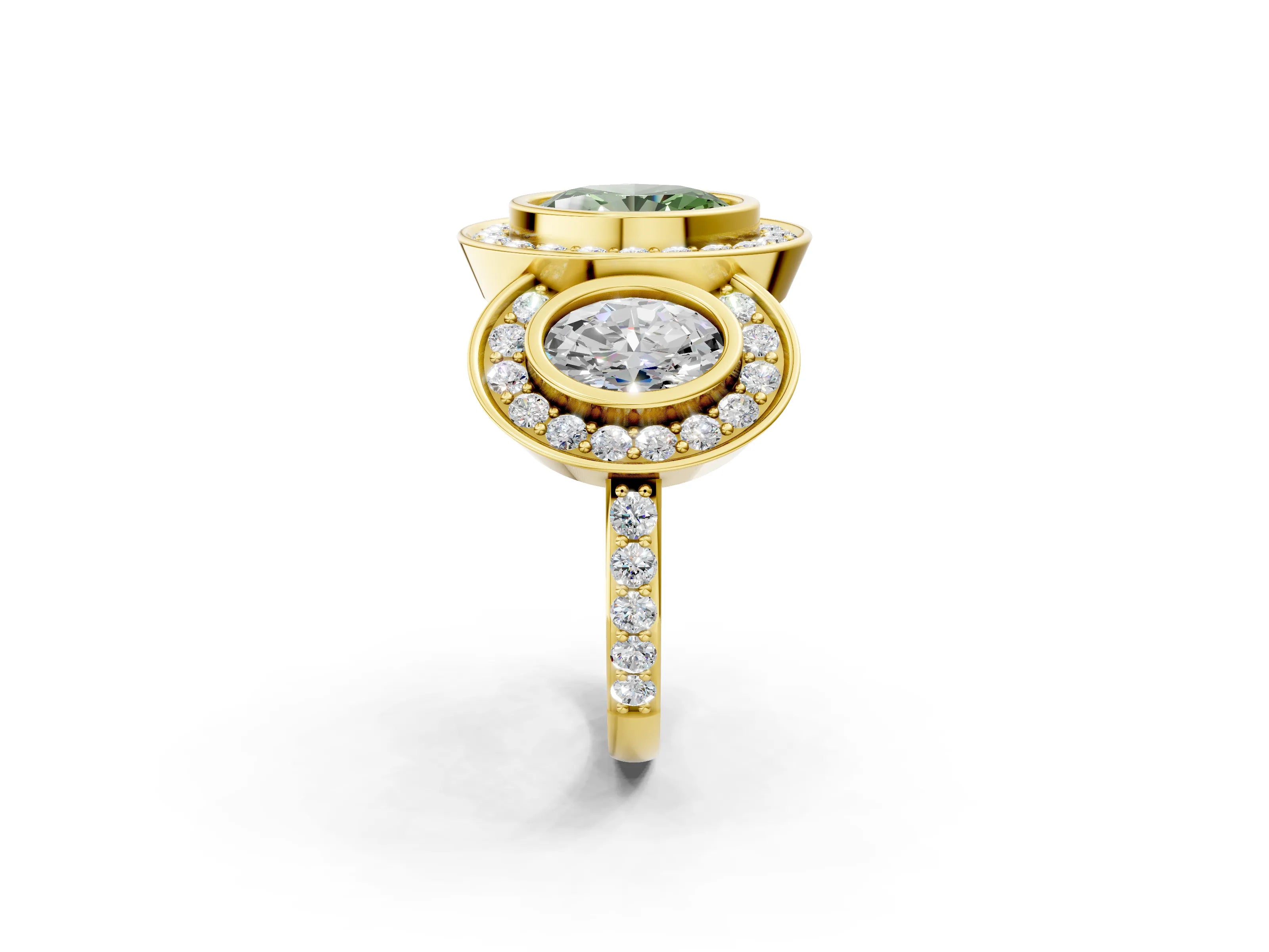 Yellow gold Three-Stone Fancy Green Oval Cut Halo Pavé Diamond Ring_2