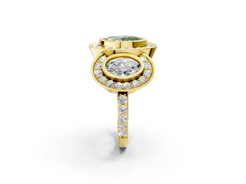 Yellow gold Three-Stone Fancy Green Oval Cut Halo Pavé Diamond Ring_2