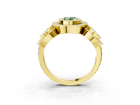 Yellow gold Three-Stone Fancy Green Oval Cut Halo Pavé Diamond Ring_3