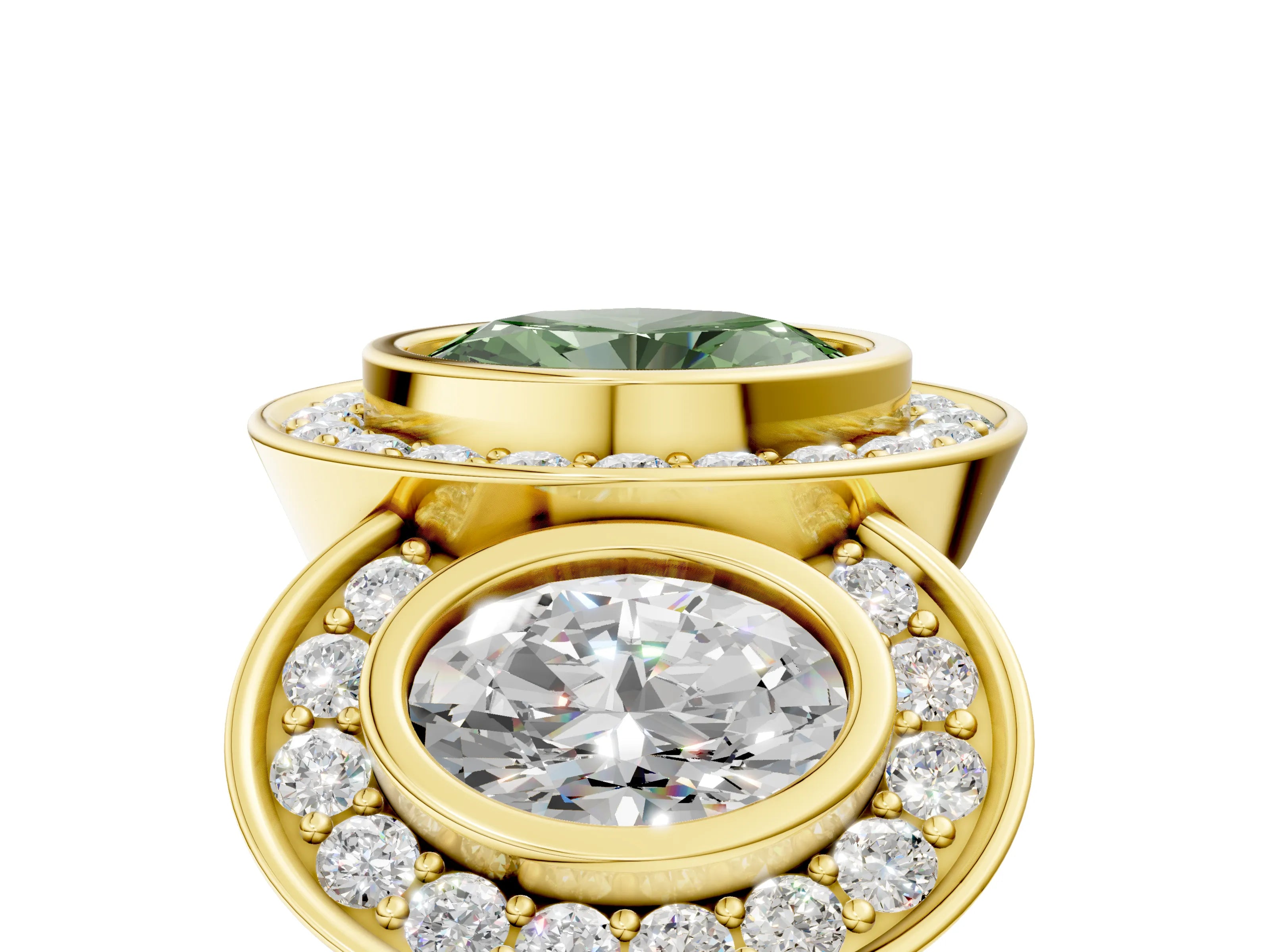Yellow gold Three-Stone Fancy Green Oval Cut Halo Pavé Diamond Ring_5
