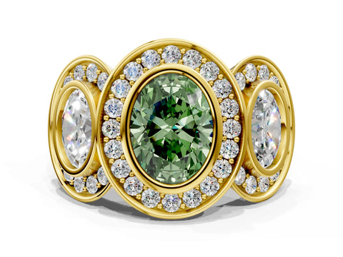 Yellow gold Three-Stone Fancy Green Oval Cut Halo Pavé Diamond Ring