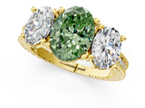 Yellow gold Three-Stone Fancy Green Oval  Diamond Milgrain Pave Band with Prong Setting 2