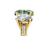 Yellow gold Three-Stone Fancy Green Oval  Diamond Milgrain Pave Band with Prong Setting