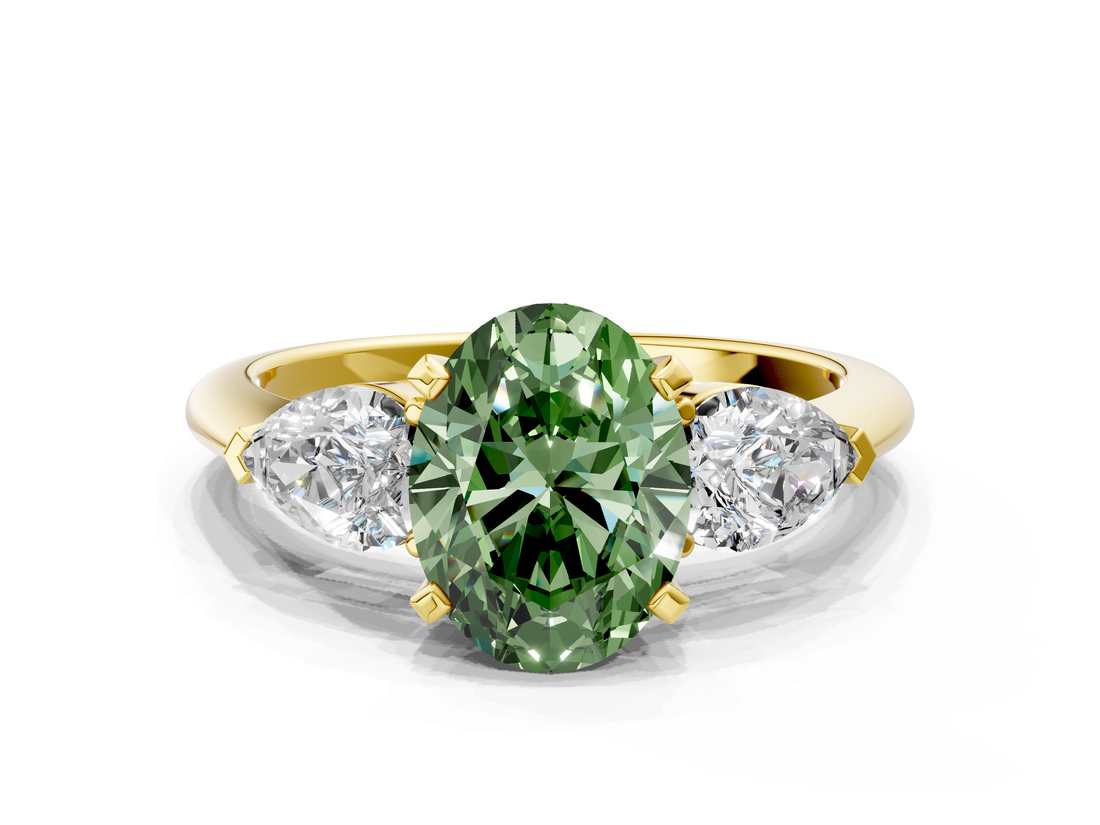 Yellow gold Three-Stone Fancy Green Oval  Diamond Ring with Pear Side Stones in Four-Prong Setting_25