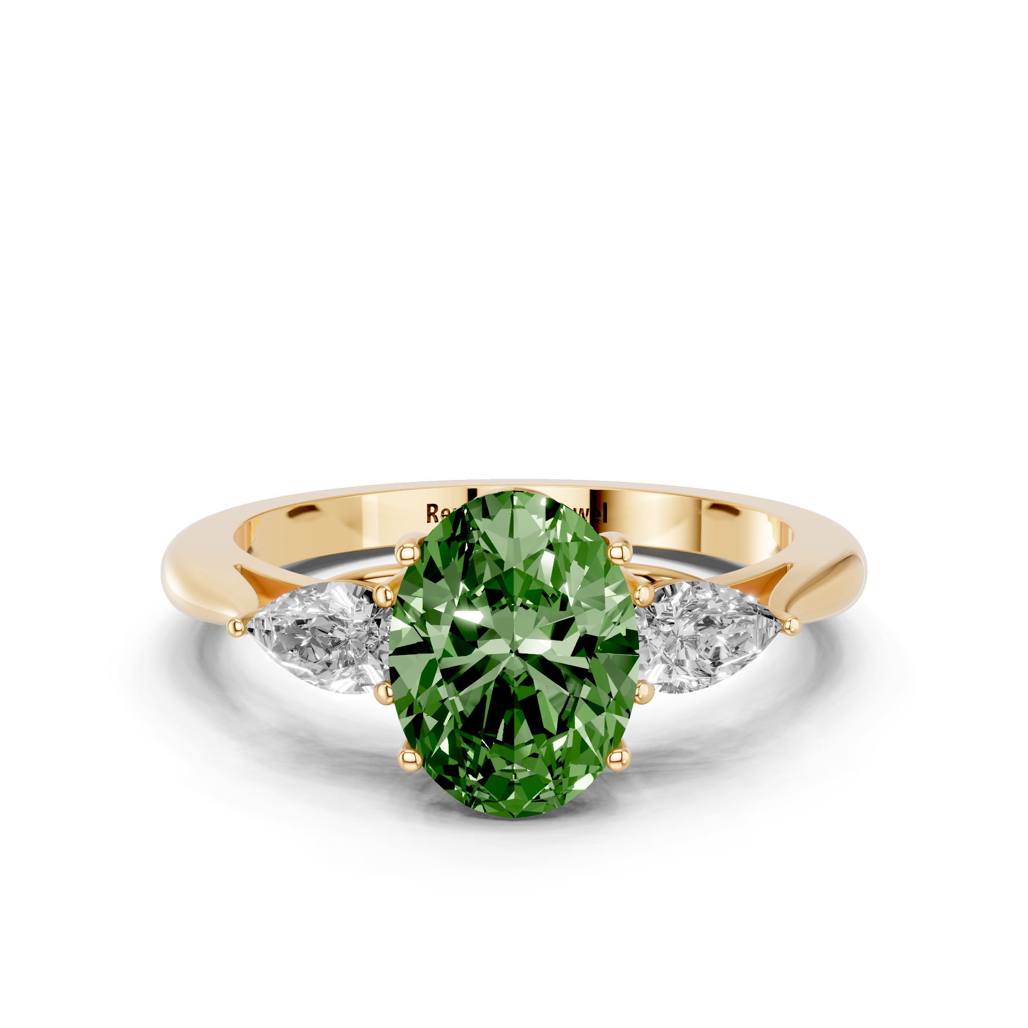 Yellow gold Three-Stone Fancy Green Oval  Diamond Solitaire Ring with Pear Side Stones and Four-Prong Setting_14