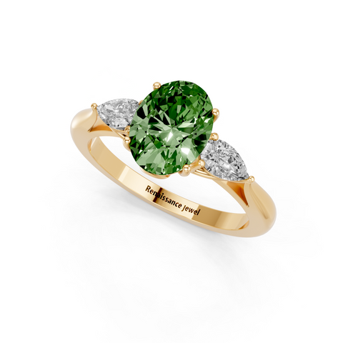 Yellow gold Three-Stone Fancy Green Oval  Diamond Solitaire Ring with Pear Side Stones and Four-Prong Setting_3