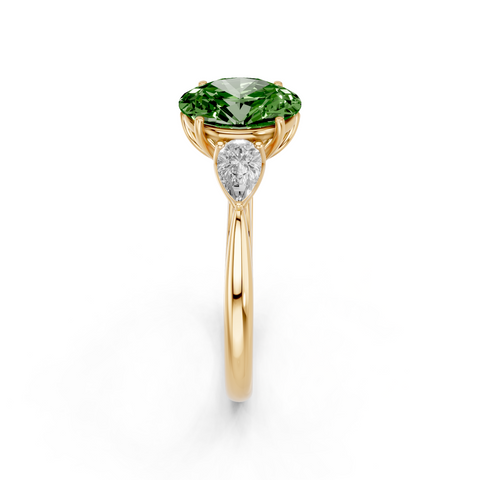 Yellow gold Three-Stone Fancy Green Oval  Diamond Solitaire Ring with Pear Side Stones and Four-Prong Setting_4