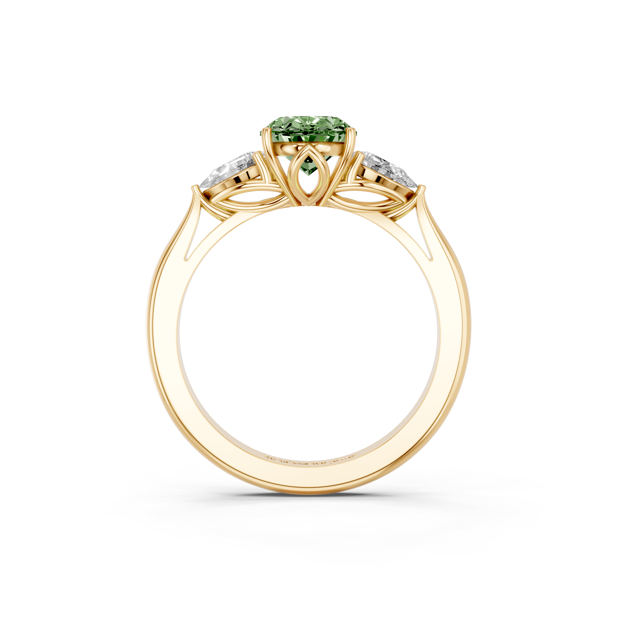 Yellow gold Three-Stone Fancy Green Oval  Diamond Solitaire Ring with Pear Side Stones and Four-Prong Setting_5