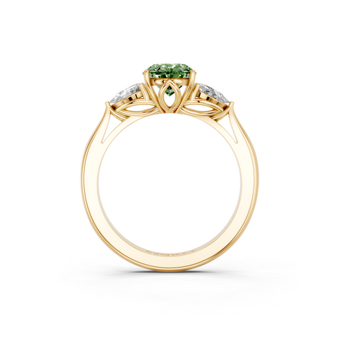 Yellow gold Three-Stone Fancy Green Oval  Diamond Solitaire Ring with Pear Side Stones and Four-Prong Setting_5