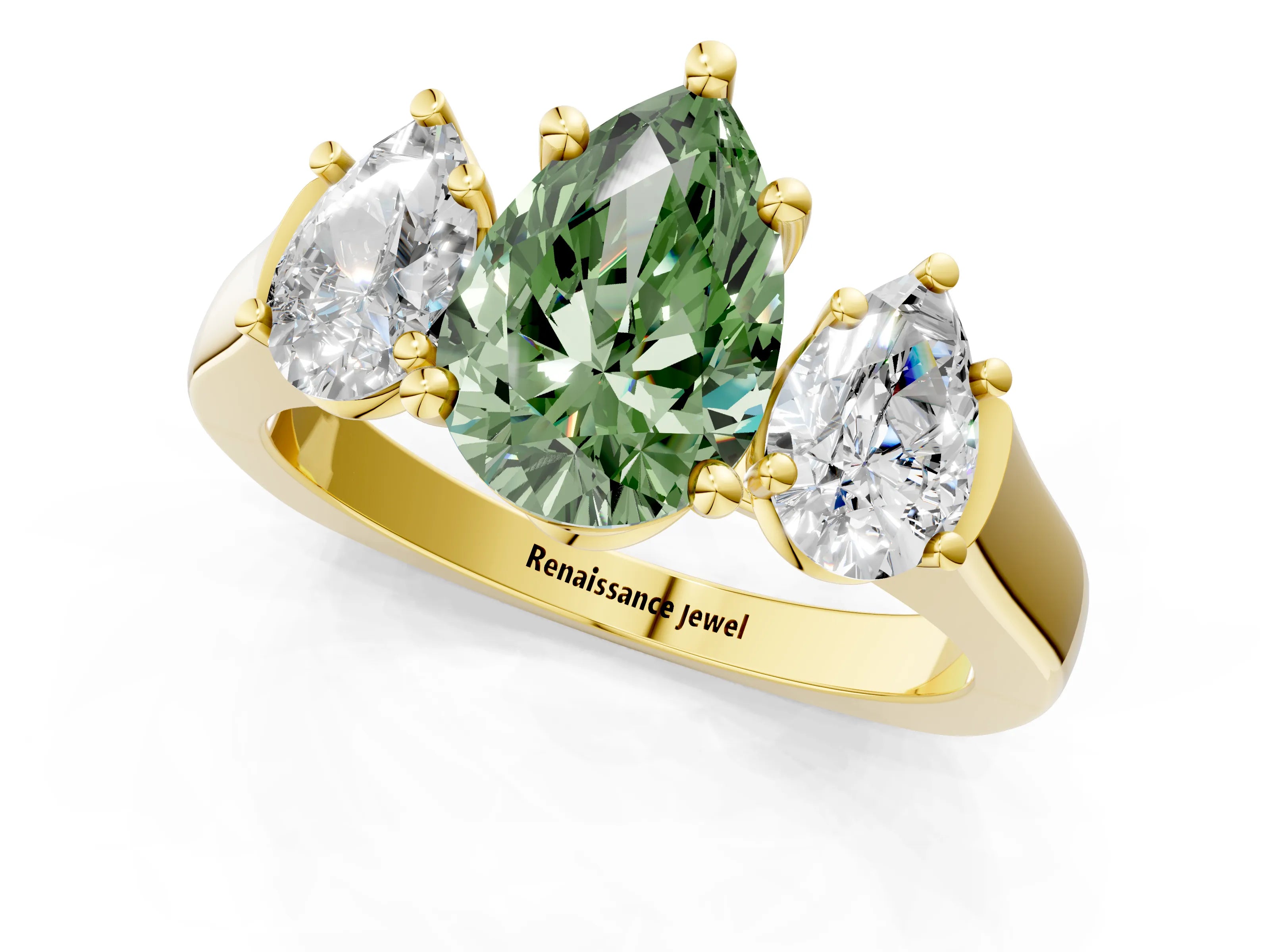 Yellow gold Three-Stone Fancy Green Pear Cut Brilliant Diamond Trellis Ring with Comfort Fit Band_1