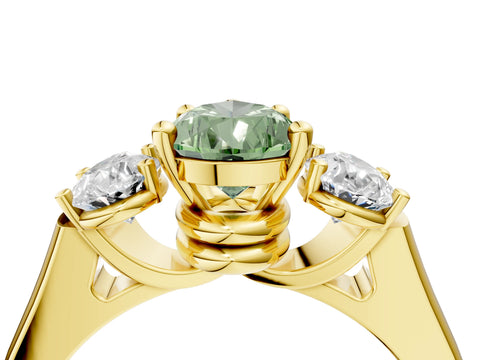 Yellow gold Three-Stone Fancy Green Pear Cut Brilliant Diamond Trellis Ring with Comfort Fit Band_4