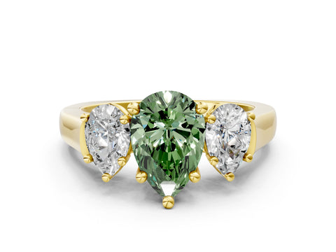 Yellow gold Three-Stone Fancy Green Pear Cut Brilliant Diamond Trellis Ring with Comfort Fit Band