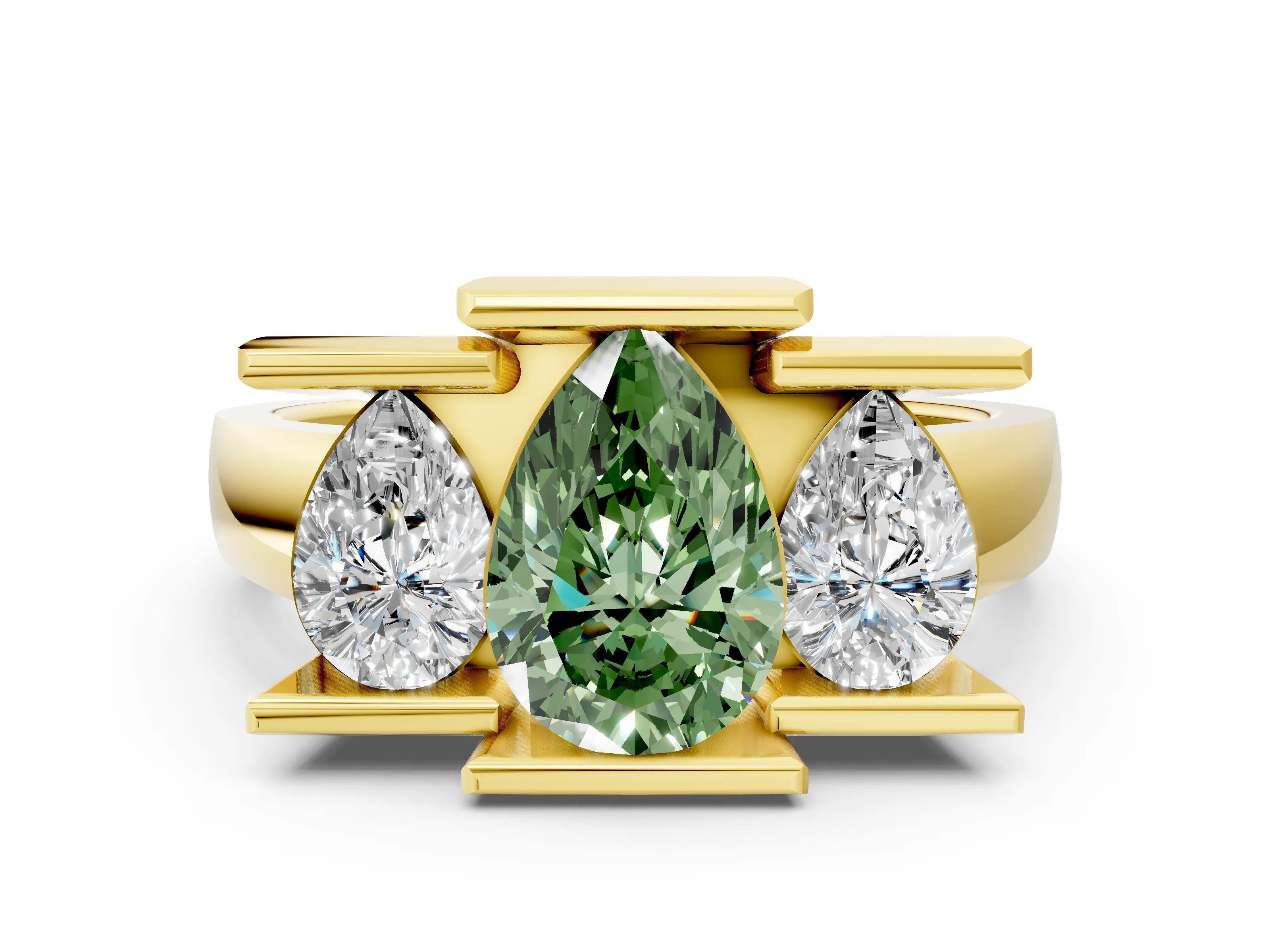 Yellow gold Three Stone Fancy Green Pear Cut Cut Channel Set Diamond Ring