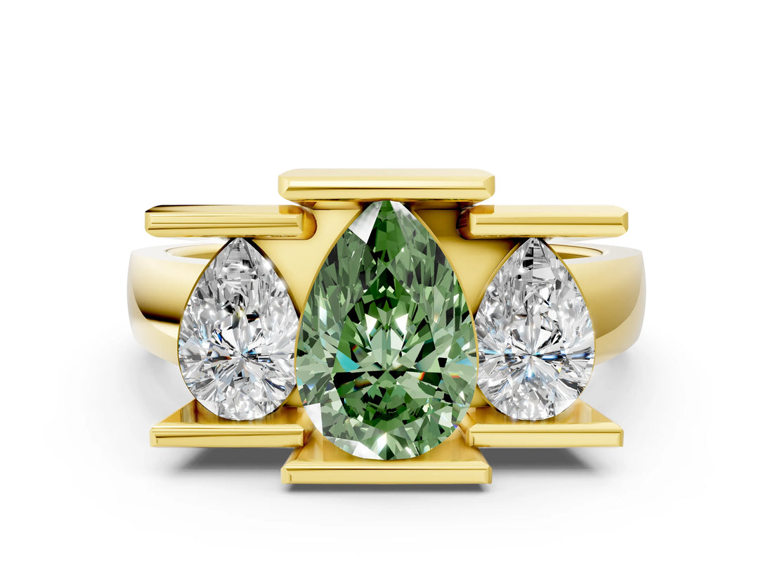 Yellow gold Three Stone Fancy Green Pear Cut Cut Channel Set Diamond Ring