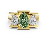 Yellow gold Three Stone Fancy Green Pear Cut Cut Channel Set Diamond Ring