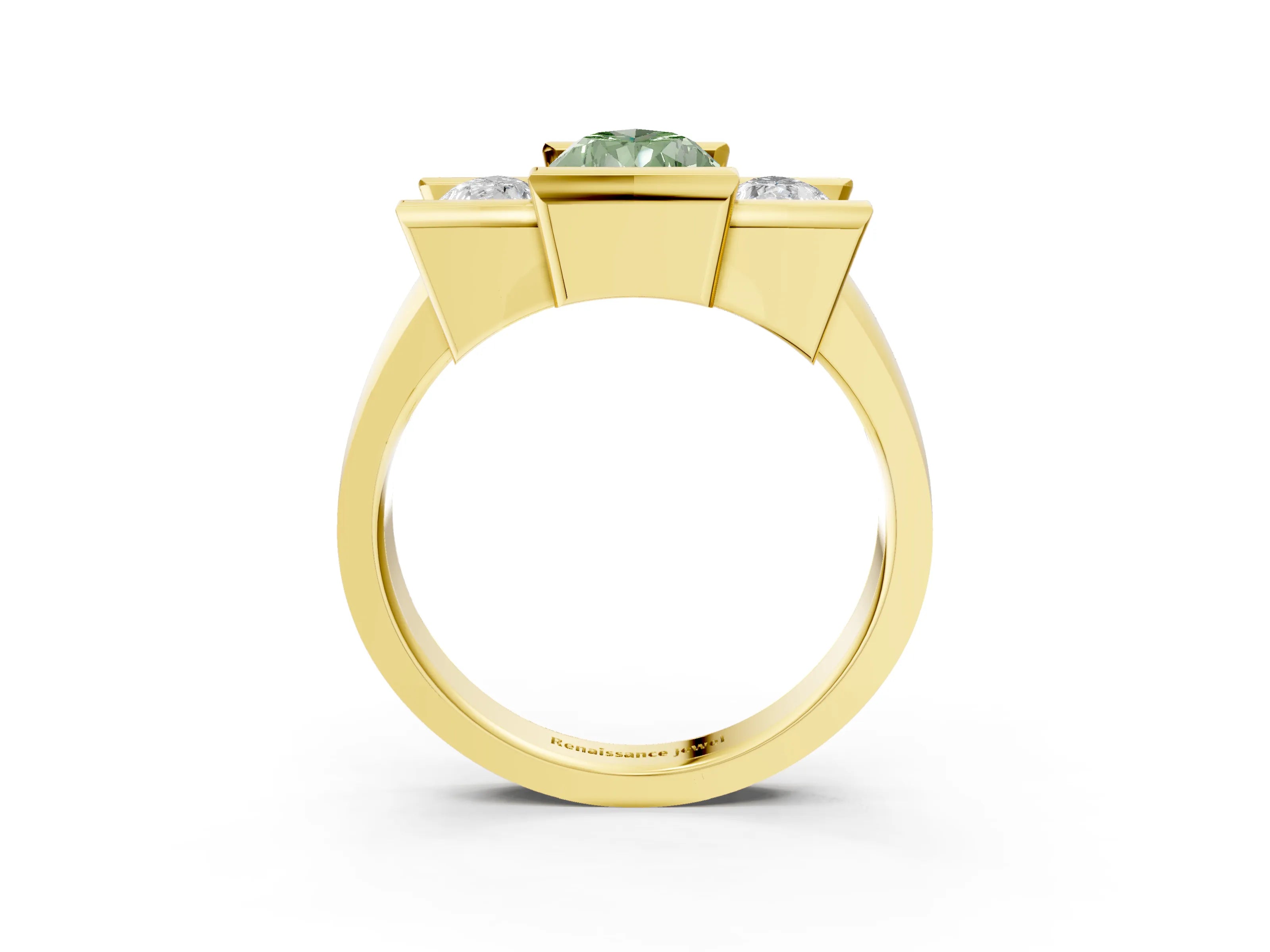 Yellow gold Three Stone Fancy Green Pear Cut Cut Channel Set Diamond Ring_3