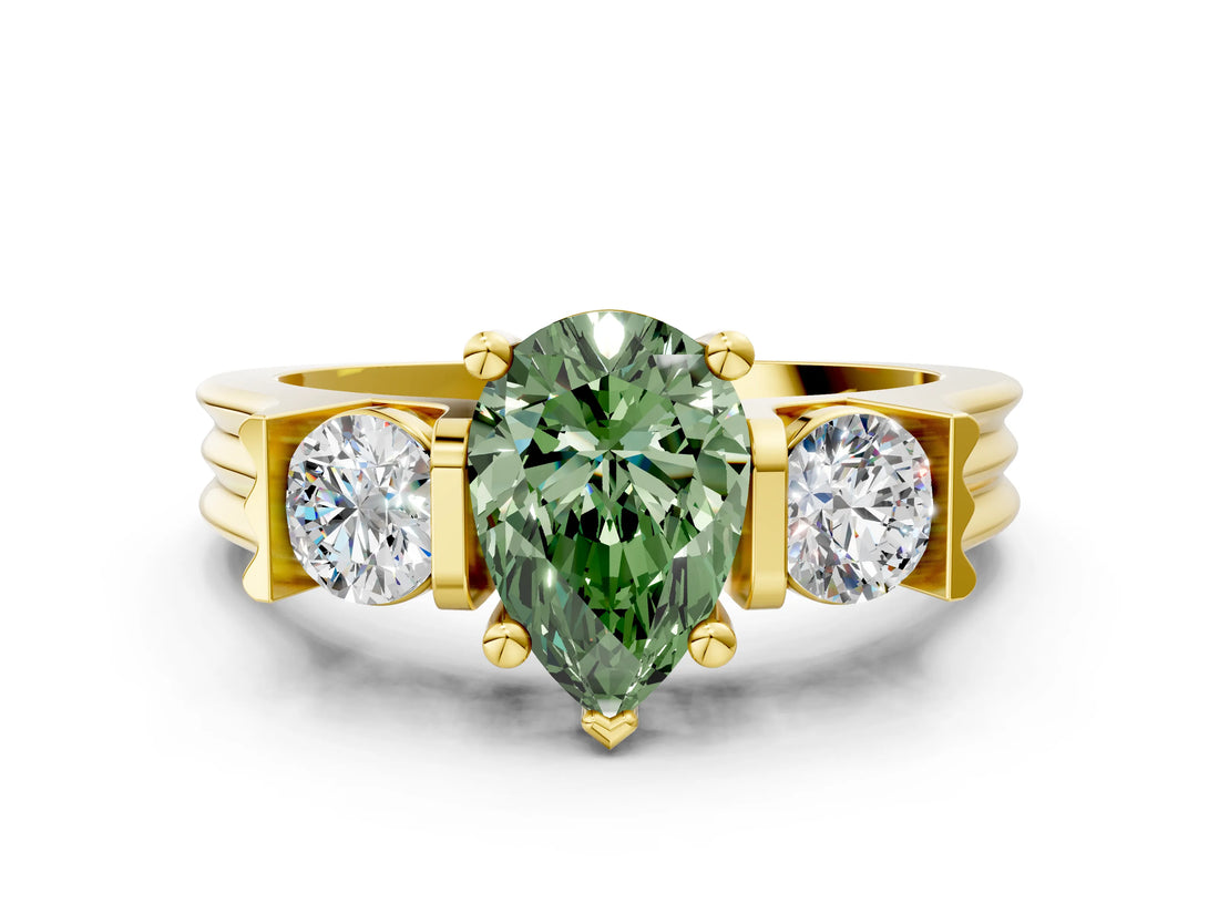 Yellow gold Three-Stone Fancy Green Pear Cut Cut Classic Band Prong Setting Ring