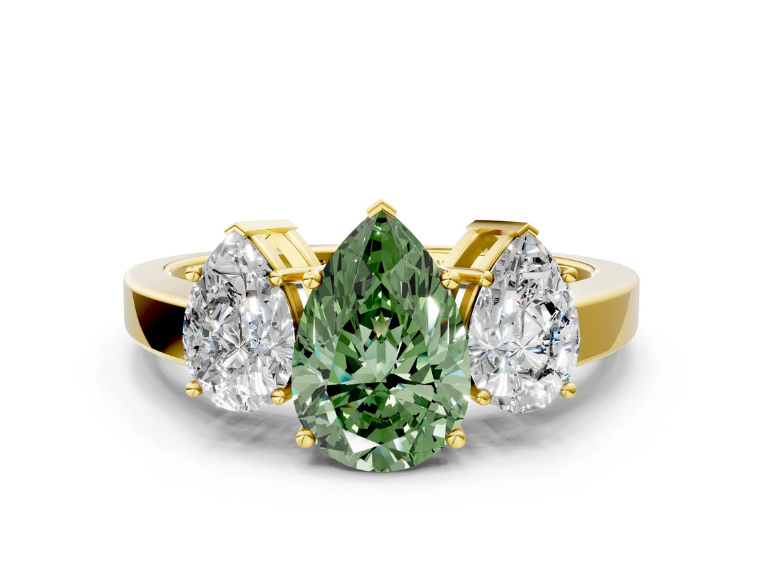 Yellow gold Three-Stone Fancy Green Pear Cut Cut Diamond Engagement Ring with Flat Band and Four-Prong Setting_12