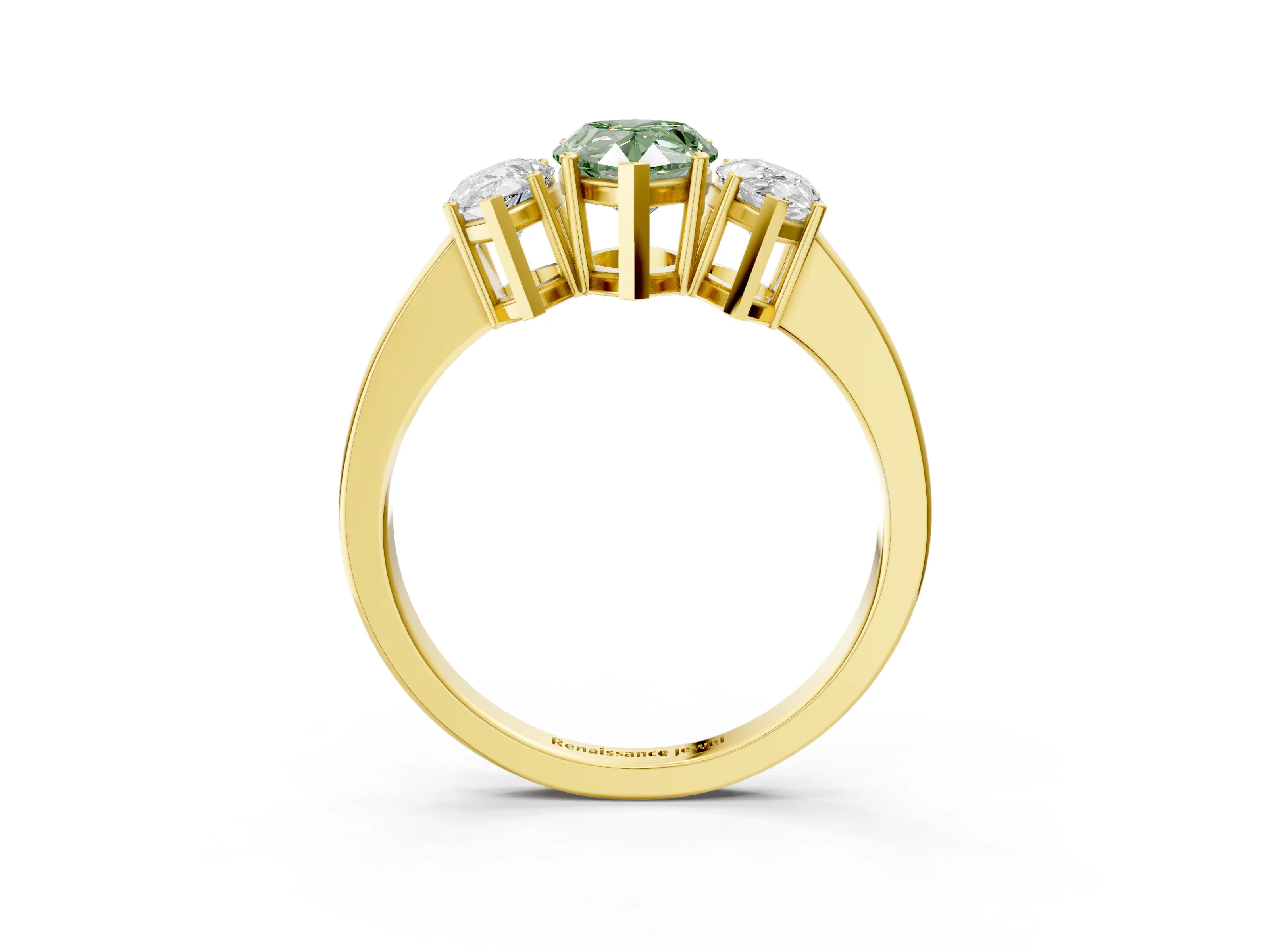 Yellow gold Three-Stone Fancy Green Pear Cut Cut Diamond Engagement Ring with Flat Band and Four-Prong Setting_3