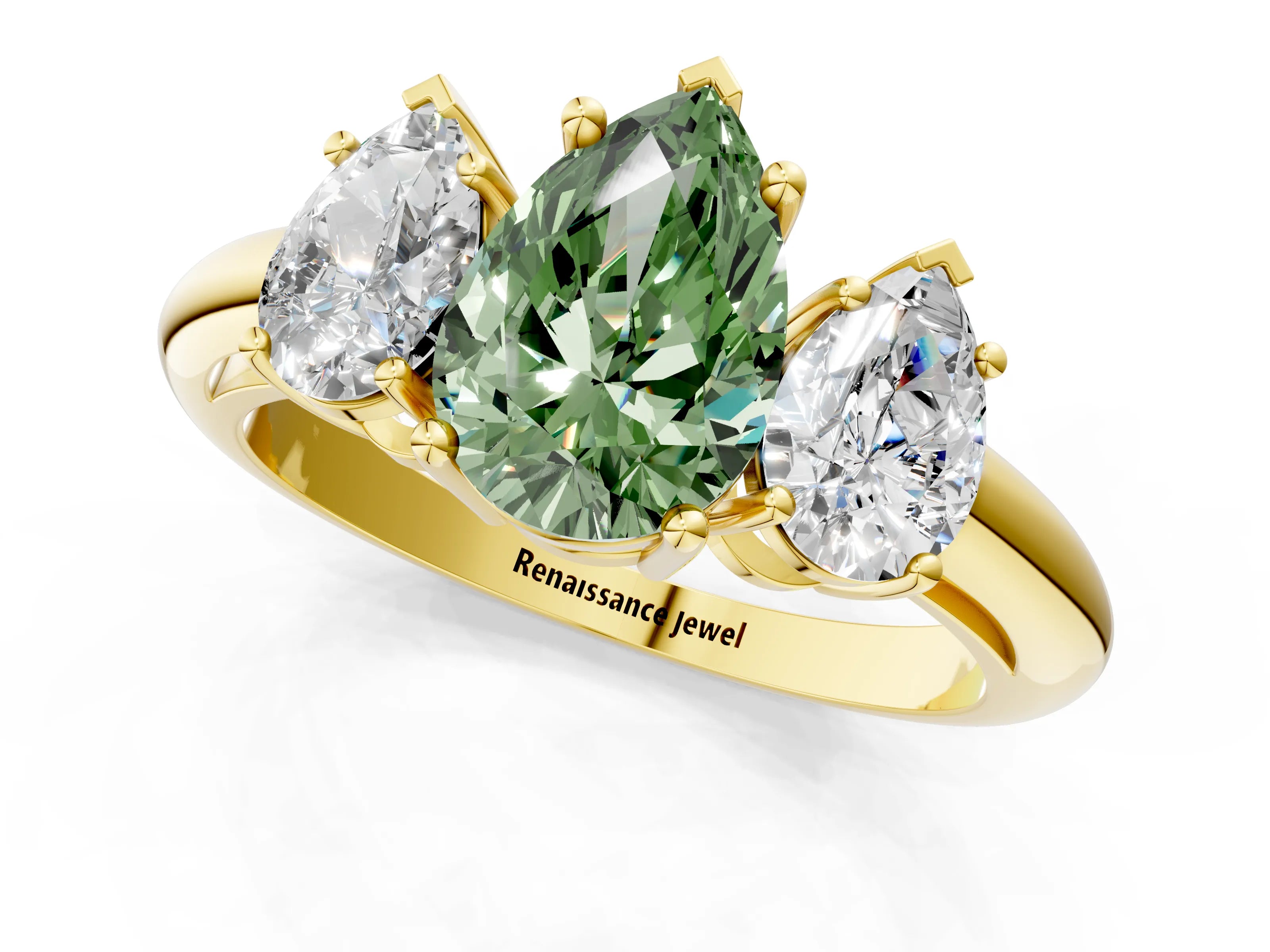 Yellow gold Three-Stone Fancy Green Pear Cut Cut Diamond Engagement Ring with Prong Setting on a White Gold Band_1