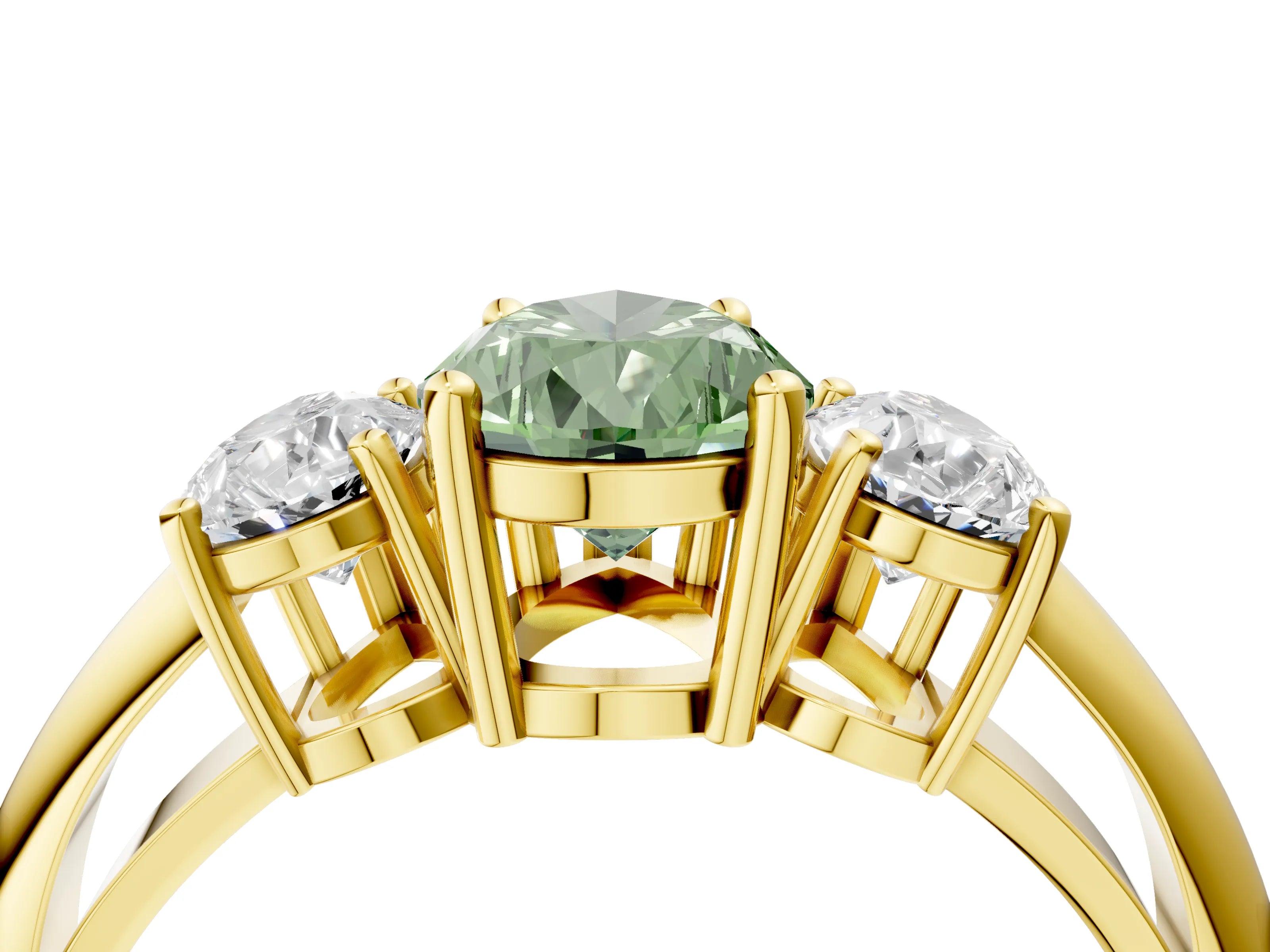 Yellow gold Three-Stone Fancy Green Pear Cut Cut Diamond Engagement Ring with Prong Setting on a White Gold Band_4